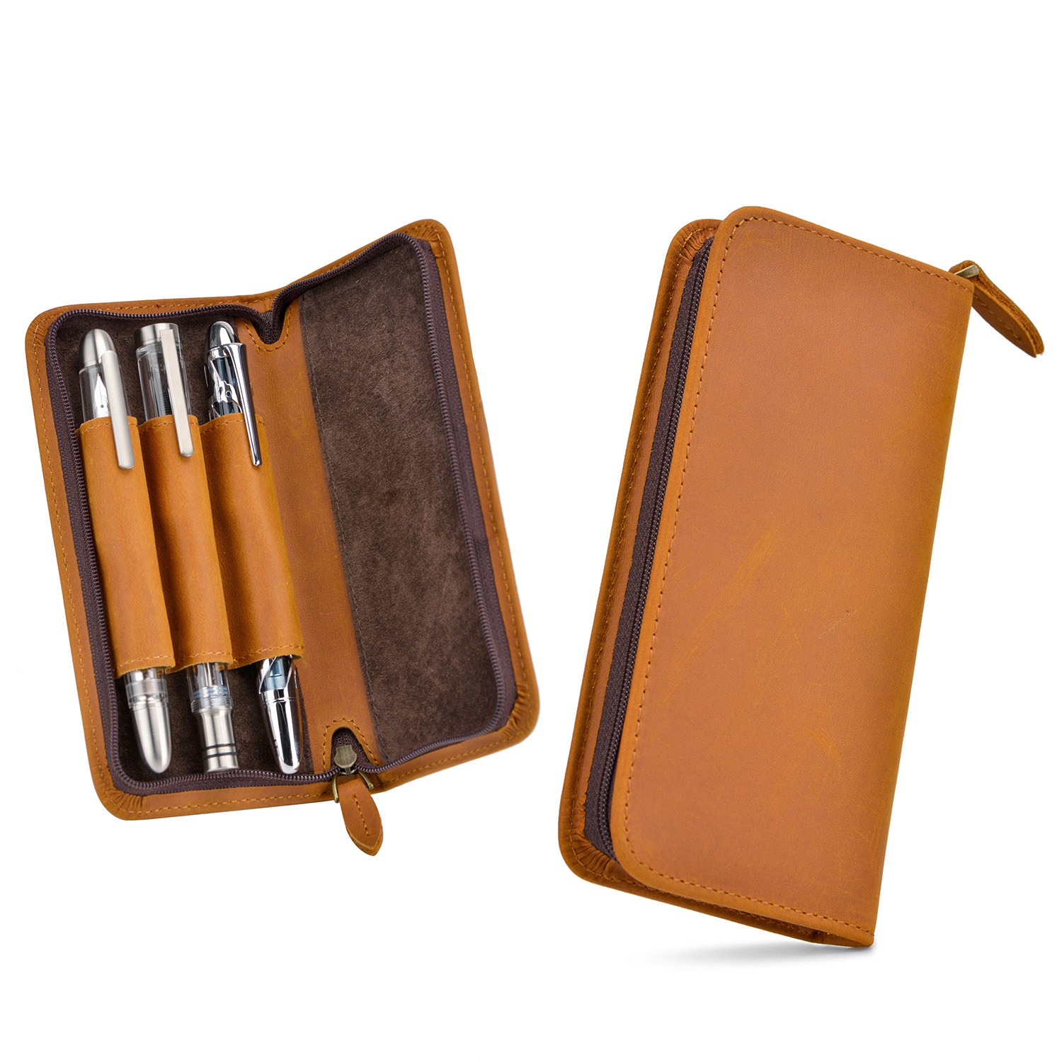 Leather Fountain Pen Case 3 Slots Pouch - Asvine-Étui à stylo plume portable en