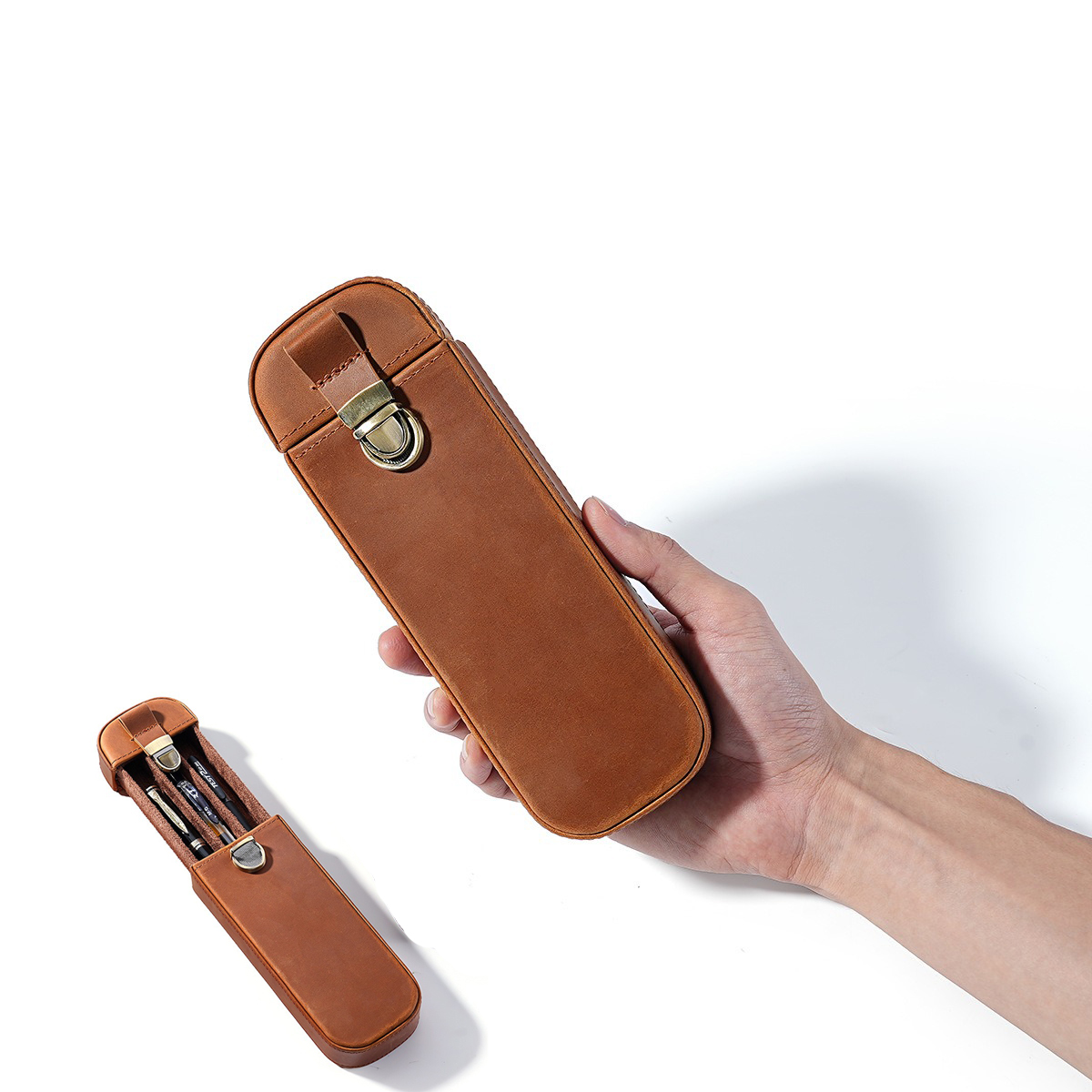 Leather Fountain Pen Case 3 Slots Pouch - Étui à stylos en cuir pleine