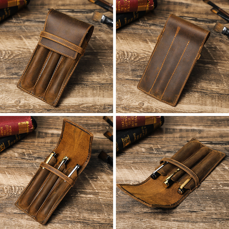 Étui à stylos en cuir Crazy Ho - Leather Fountain Pen Case 3 Slots Pouch avis et prix