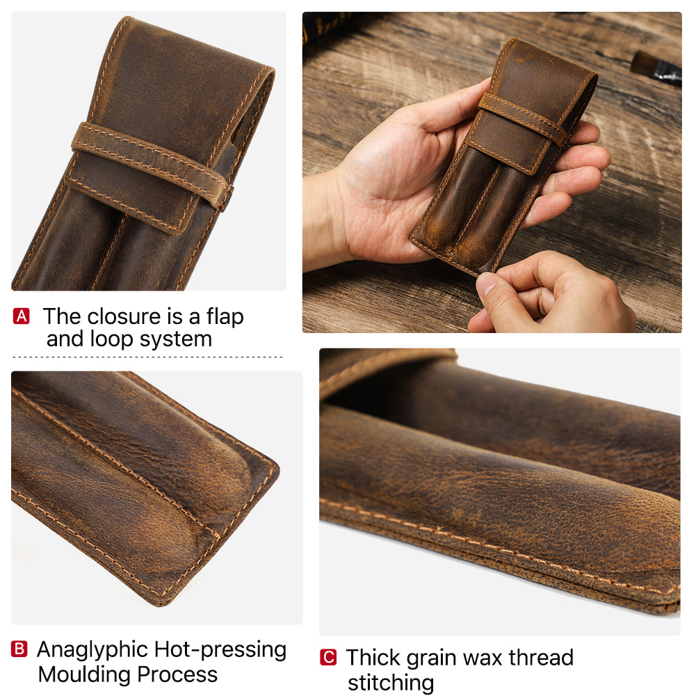Porte-stylo en cuir de cheval  - Leather Fountain Pen Case 3 Slots Pouch avis et prix